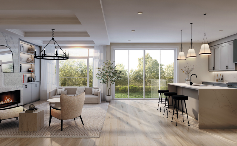 Open-concept kitchen and living room with premium hardwood finishes