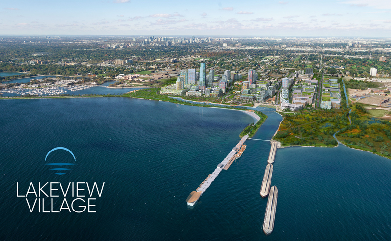 Aerial rendering of the master-planned Lakeview Village community, looking from Lake Ontario towards Mississauga