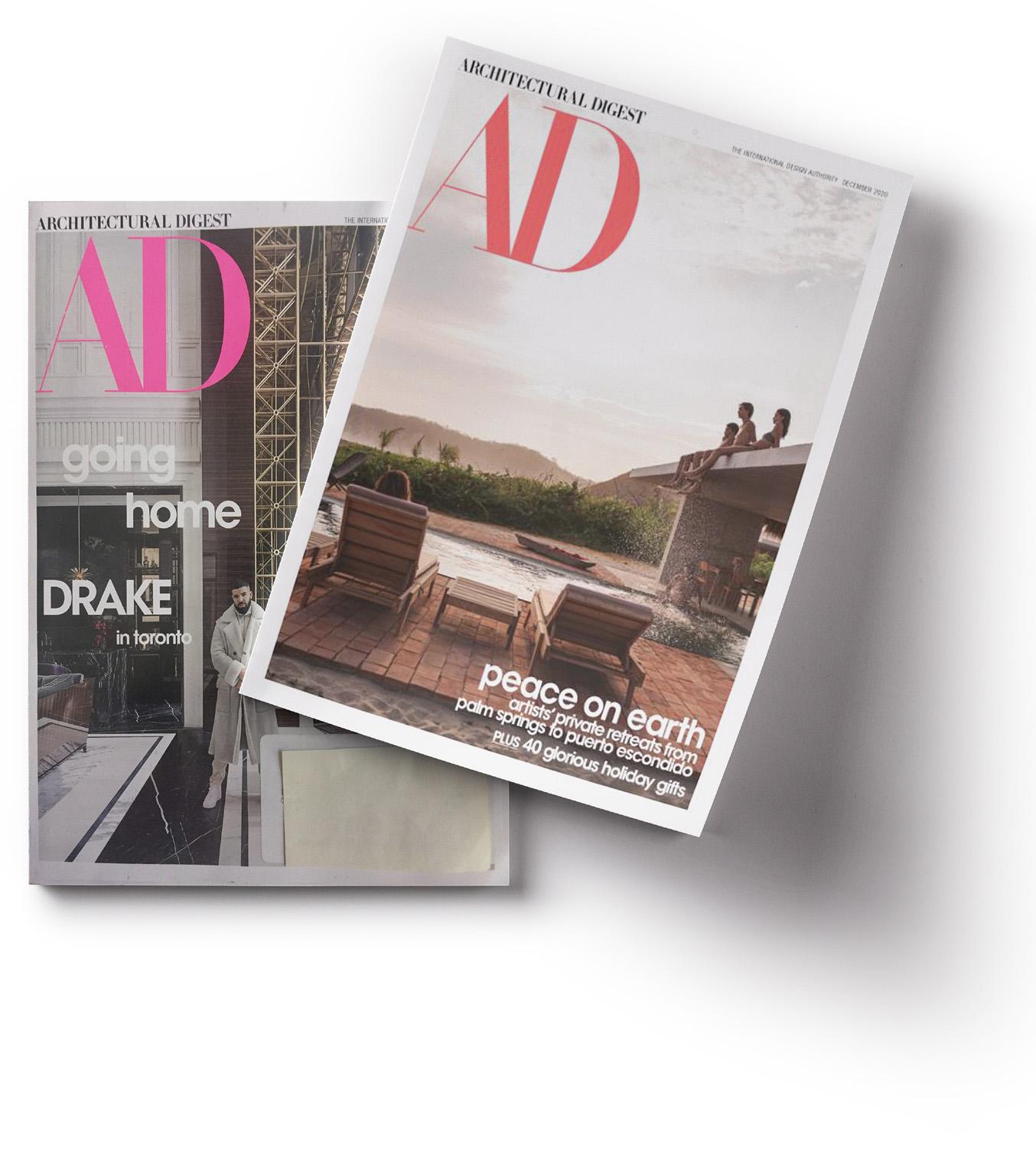 Cover page showcase of two print-issues of Architectural Digest. 