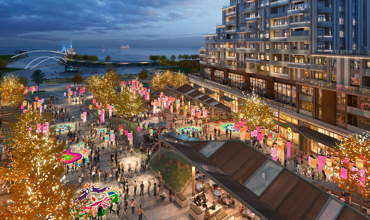 Aerial view of Lakeview Village future waterfront redevelopment, featuring cultural, leisure, retail, dining, and natural spaces.